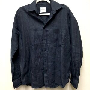 WNU 100% Hemp Relaxed Button Down Shirt Large Navy Blue Coastal Minimalist